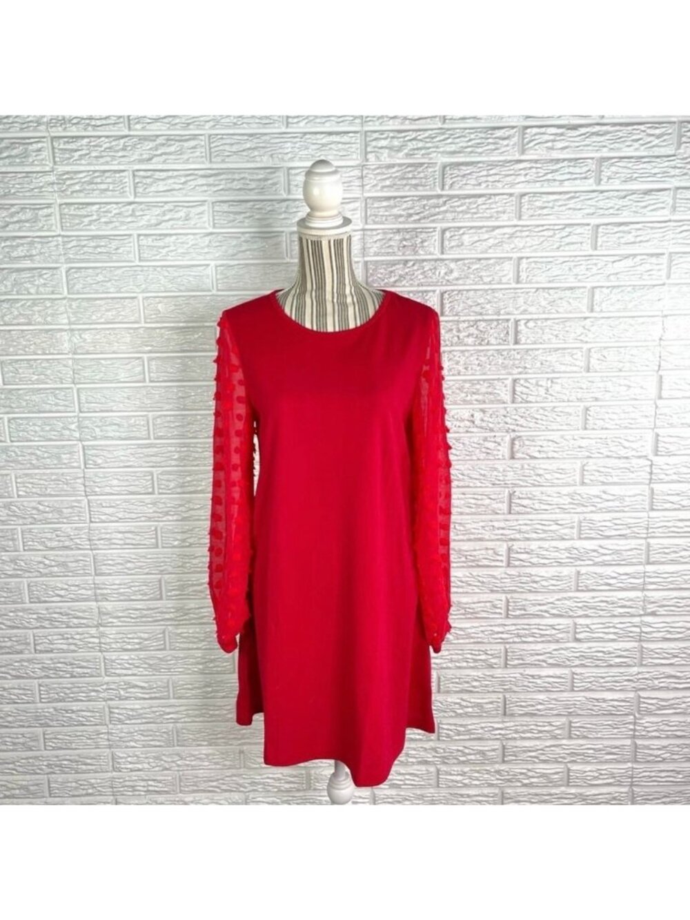 Shein Red Shift Dress Sheer Textured Polka Dot Sleeves Size Extra Large
